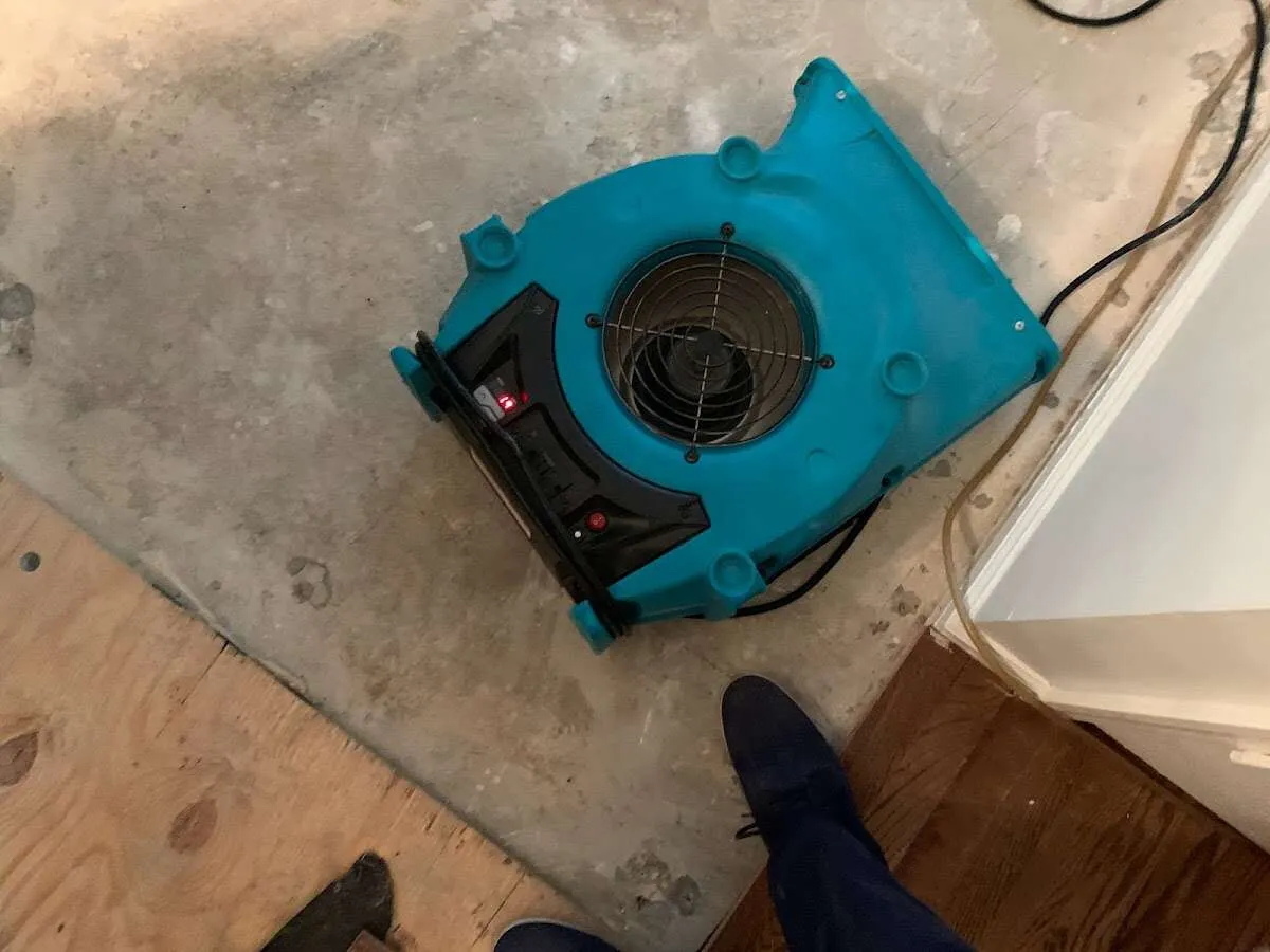Air mover drying subfloor during Leak Detection & Repair in Middleborough